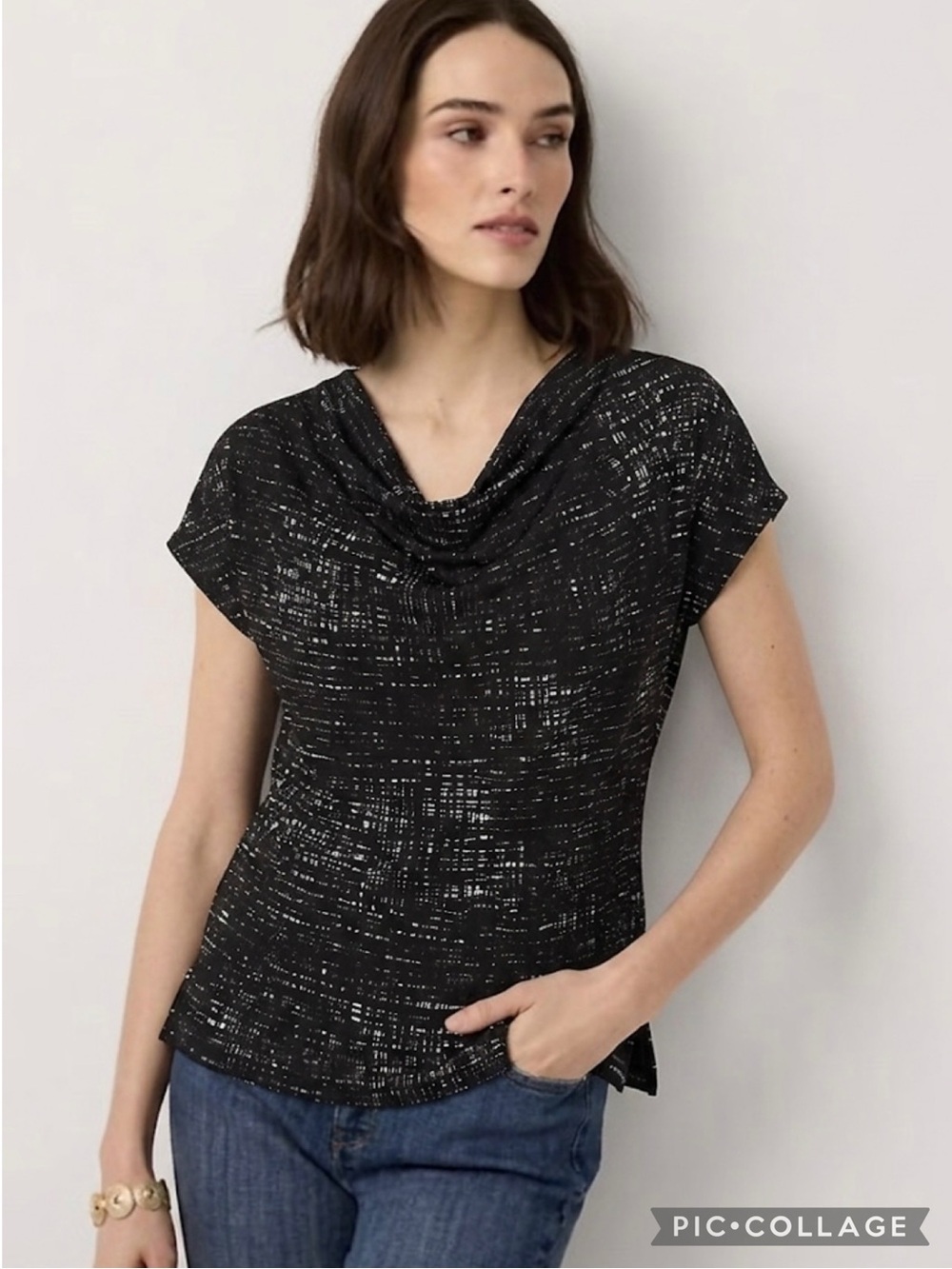 Kenneth Cole Black Brushed Window Pane Draped Cowl Neck Top NWT S Quiet  Luxury